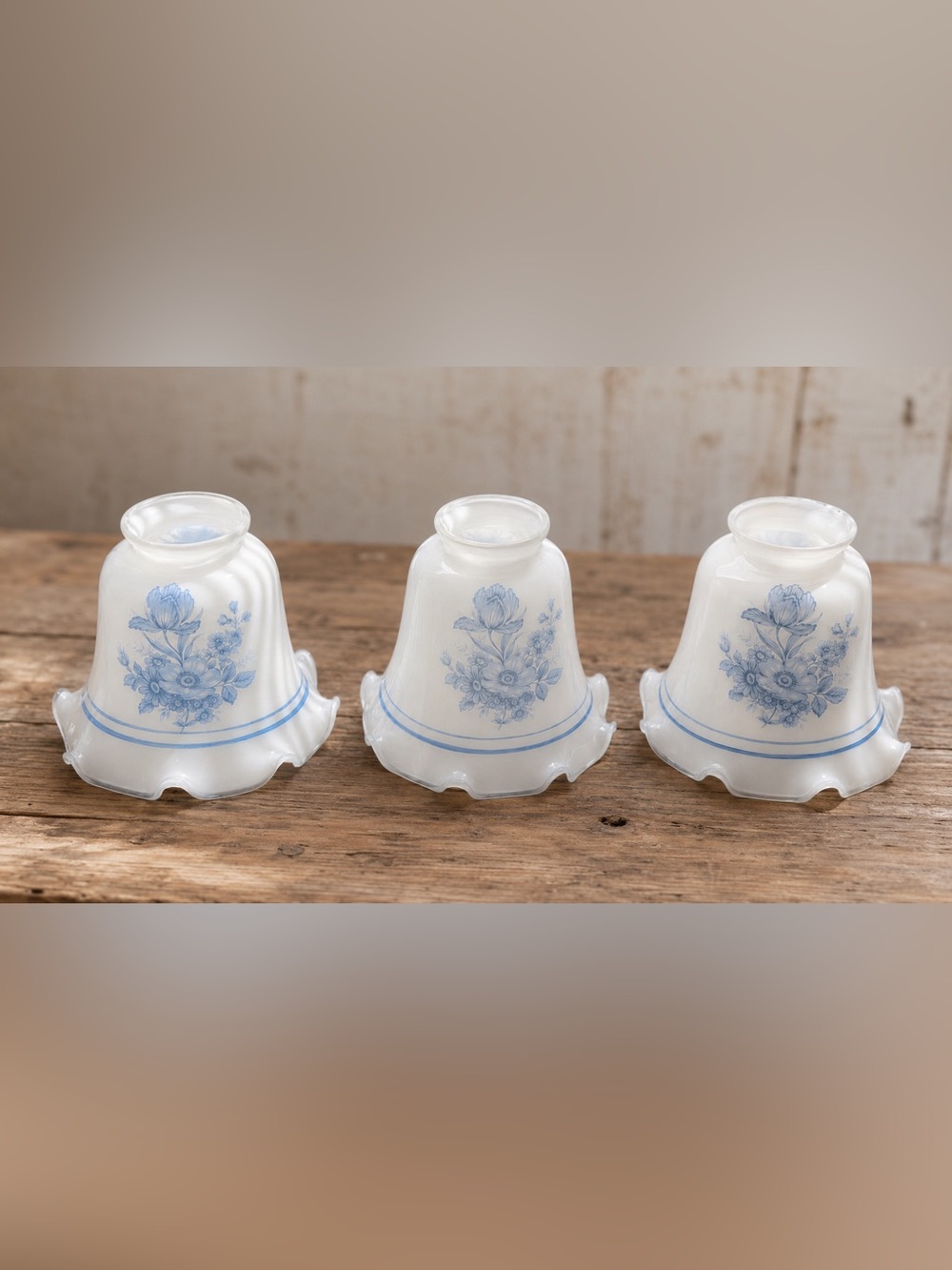 Vintage Set of 3 Opaline Glass Lamp Shades Blue Floral 2” Fitter